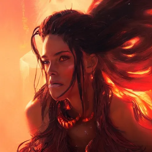 Prompt: a beautiful portrait of a fire goddess by Greg Rutkowski and Raymond Swanland, Trending on Artstation, Flaming Background, ultra realistic digital art