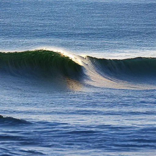 Image similar to perfect wave breaking in shallow clear water front view, hollister ranch, offshore winds, kelp, islands on horizon, oil dereks on horizon, late afternoon, fall, central california