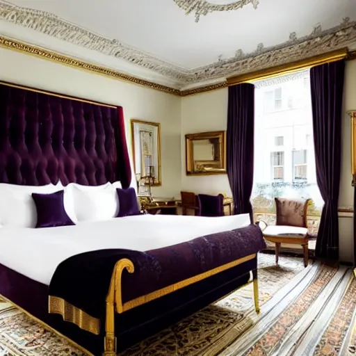 Image similar to bedroom at extremely expensive victorian - era hotel in london. high - fashion boutique hotel. detailed beautiful photography.