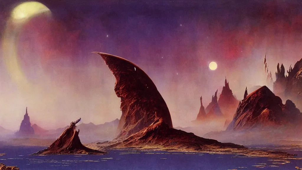 Image similar to journey to the center of the universe by frank frazetta and bruce pennington, cinematic matte painting