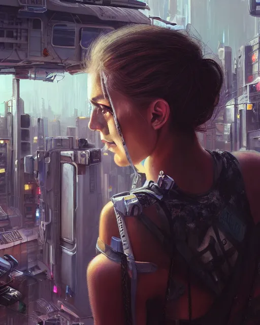 Image similar to realistic female artist painting on a canvas on the rooftop of a cyberpunk city, artstation trends, sci fi concept art, highly detailed, intricate, sharp focus, digital art, 8 k,