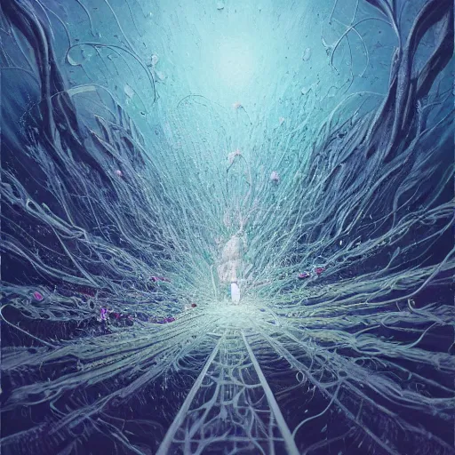 Prompt: beautiful painting of white tendrils and glitched blossoms exploding out of the void in the style of Simon Stålenhag and H. R. Giger, detailed, trending on Artstation