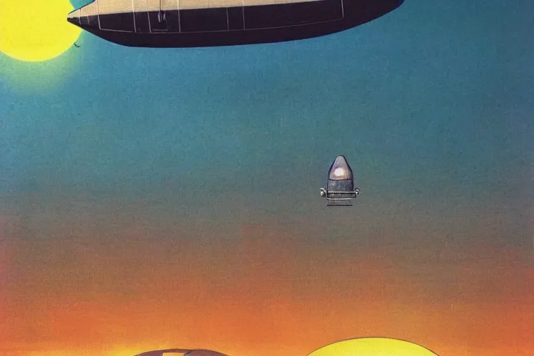 Image similar to 1 9 7 9 omni magazine cover of blimp with a floodlight searching over the water near tokyo. art in bladerunner 2 0 4 9 style by dali, and vincent di fate