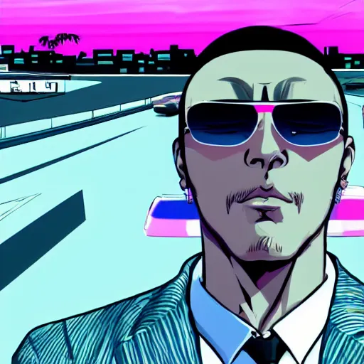 Image similar to vaporwave miami beach yakuza in suit driving in sports car driving with city in background