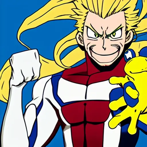 Prompt: all might from my hero academia anime holding a frog