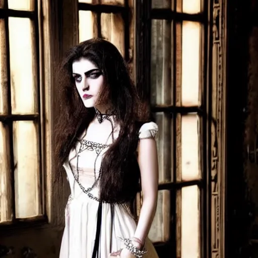 Prompt: maya ali posing as a vampire in gothic clothing in an dark gothic apartment - n 4