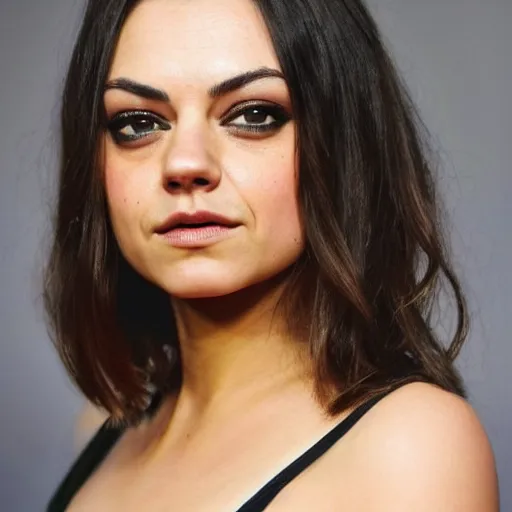 Image similar to a woman who is a genetic combination of mila kunis and emma watson face and upper - body focus