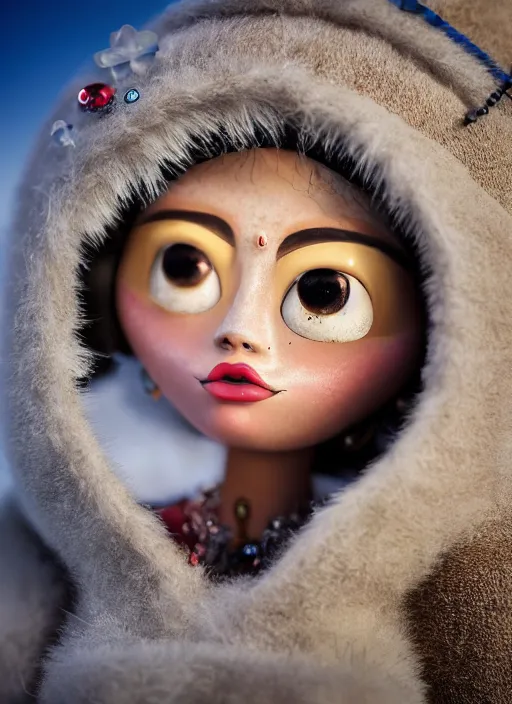 Image similar to closeup profile portrait of tin toy eskimo igloo bikini girl, depth of field, zeiss lens, detailed, symmetrical, centered, fashion photoshoot, by nicoletta ceccoli, mark ryden, lostfish, breathtaking, 8 k resolution, extremely detailed, beautiful, establishing shot, artistic, hyperrealistic, octane render