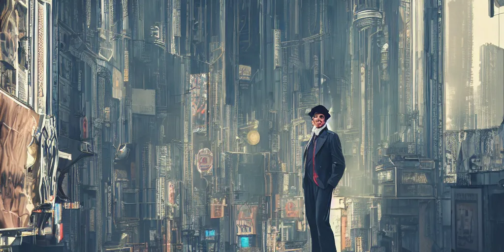 Prompt: man dressed in the directoire style in a cyberpunk city, photograph, cinematic, top down camera, rgb,