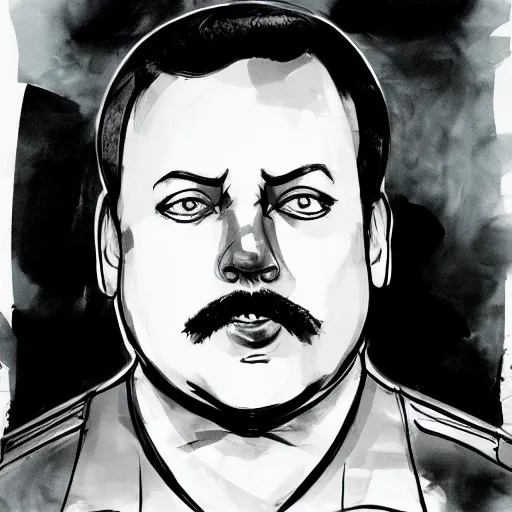 Image similar to paul blart mall cop by yoji shinkawa, ink brush drawing, professional illustration, trending on artstation, portrait