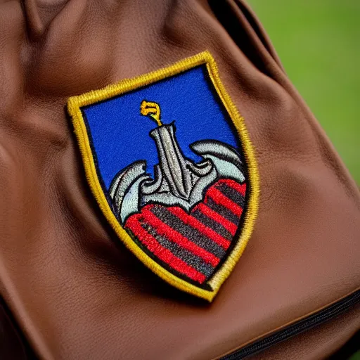 Image similar to closeup photo of a colorful embroidered patch of the coat - of - arms of a buffalo - themed house of hogwarts. the patch is sewn onto a leather school - bag. the name watanka appears on the patch.