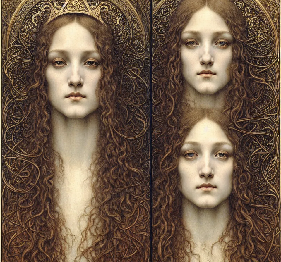 Image similar to detailed realistic beautiful young medieval queen face portrait by jean delville, gustave dore and marco mazzoni, art nouveau, symbolist, visionary, gothic, pre - raphaelite. horizontal symmetry