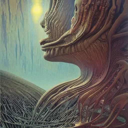 Image similar to alien landscape by zdzisław beksinski, iris van herpen, raymond swanland and alphonse mucha. highly detailed, hyper - real, beautiful