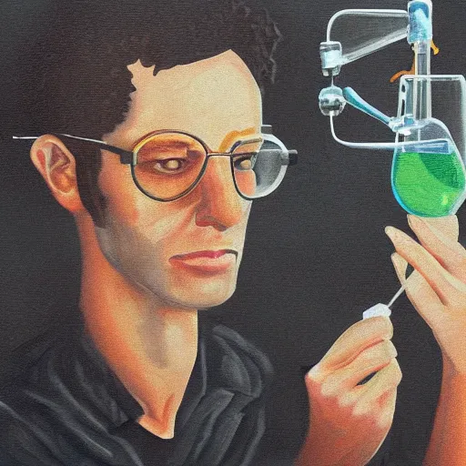 Prompt: a scientist discovered in his laboratory the cure for cancer. digital art. oil in painting.