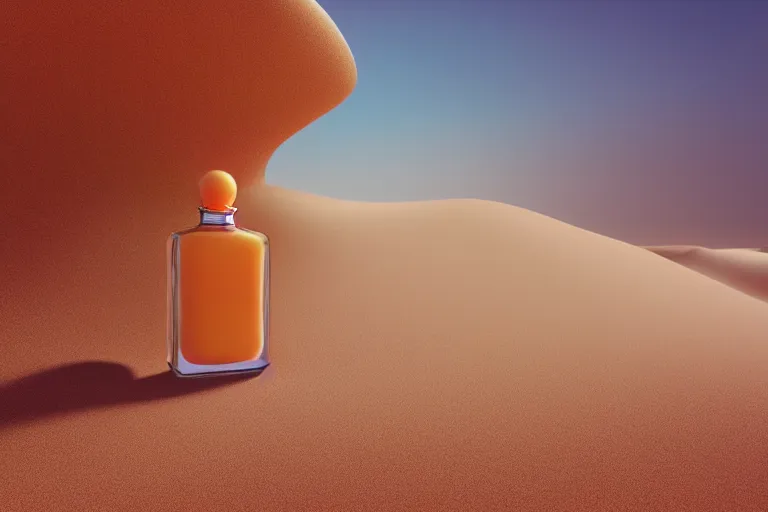 Image similar to perfume bottle buried in a sandy dreamy dune, marmelade orange colors, dramatic, mid day, sand dune background, large scale, hyperrealistic, lots of detail, realistic lighting, octane render, by wlop, artgerm, trending on artstation