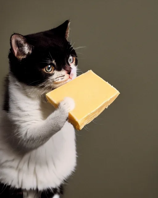 Prompt: high quality presentation photo of a cute model cat dressed as napoleon holding a piece of cheese, photography 4k, f1.8 anamorphic, bokeh, 4k, Canon, Nikon