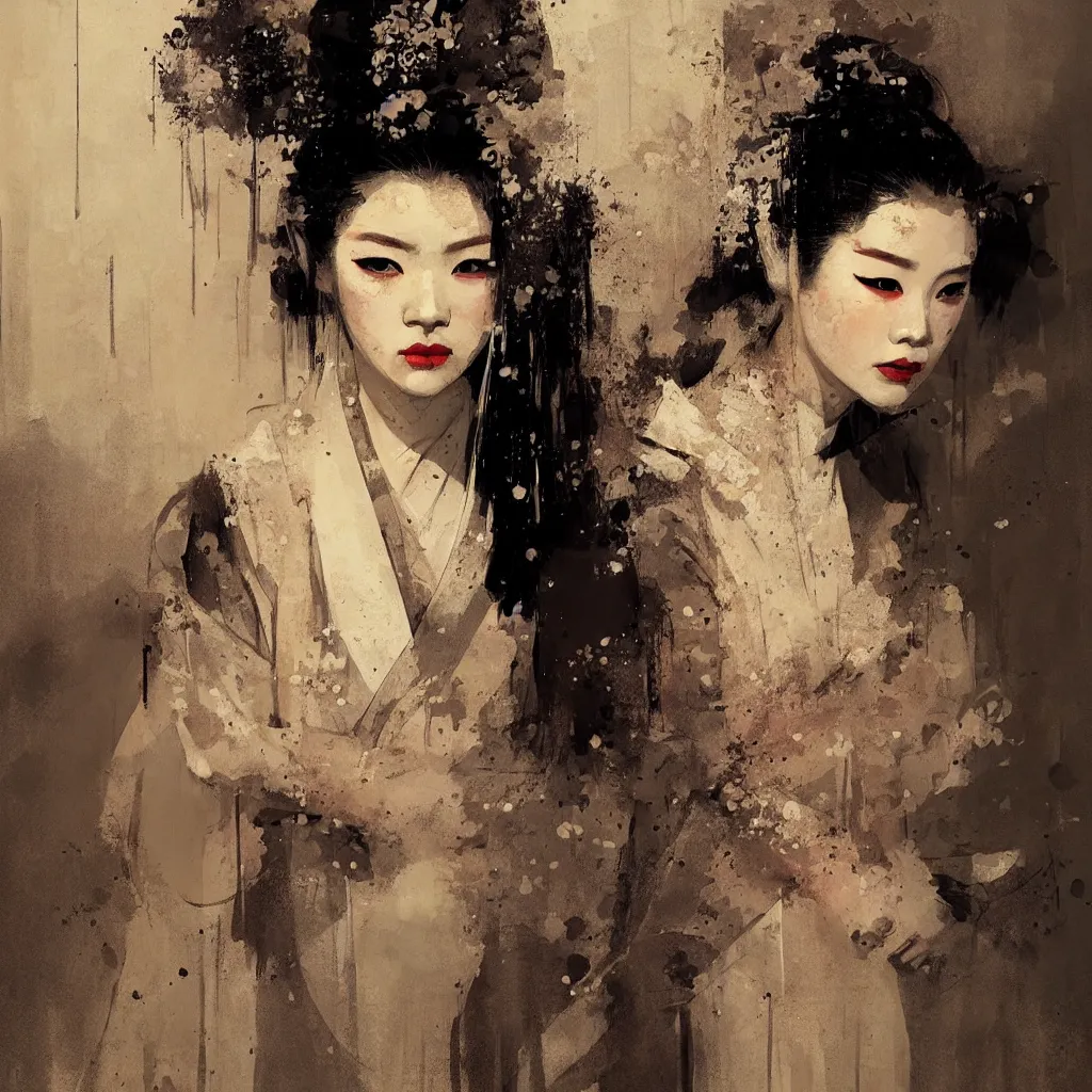 Image similar to female geisha girl, beautiful face, rule of thirds, intricate outfit, spotlight, by greg rutkowski, by jeremy mann