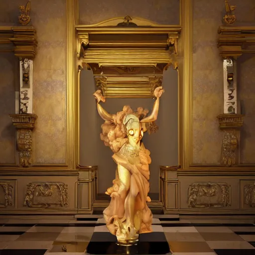 Image similar to baroque vaporwave statue, trending on art station, 4k UHD, 8k, painting illustration, high detail, rendered in unreal engine, 3d render, god rays, volumetric lighting, award winning, photorealistic, golden frame