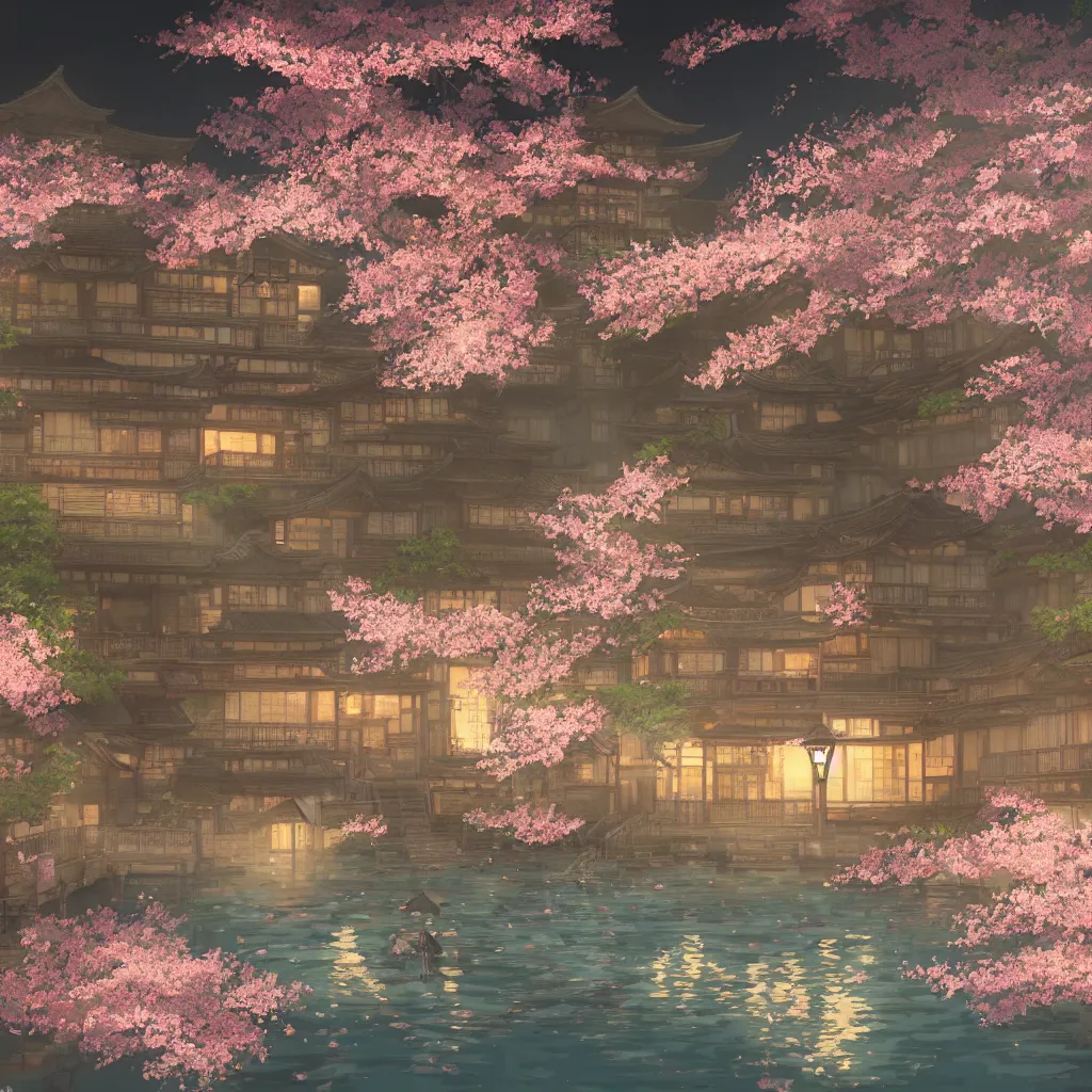 Image similar to Japanese bath house at night (Spirited Away), cherry blossom petals, highly detailed, 3D render, digital art, artstation, 8K photography, matte photo-realistic, vivid colors, moody cool temperature, by Hayao Ghibli Miyazaki!!!, breath of the wild style