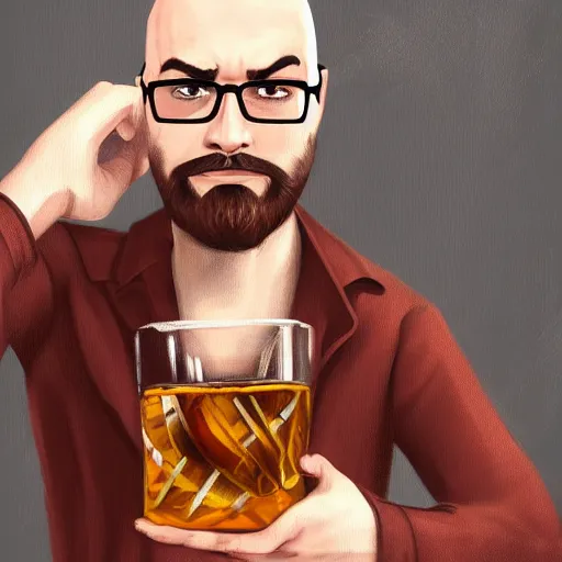 Prompt: digital painting, portrait of a young bald bearded man wearing glasses, drinking whiskey, highly detailed, hd, trending on artstation