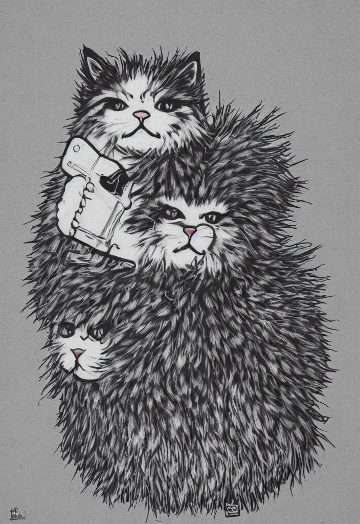 Image similar to fluffy cat with an afro comb t - shirt design, by jules julien, alex yanes, dark grisaille monochrome neon spraypaint, ironic surrealism, hypebeast