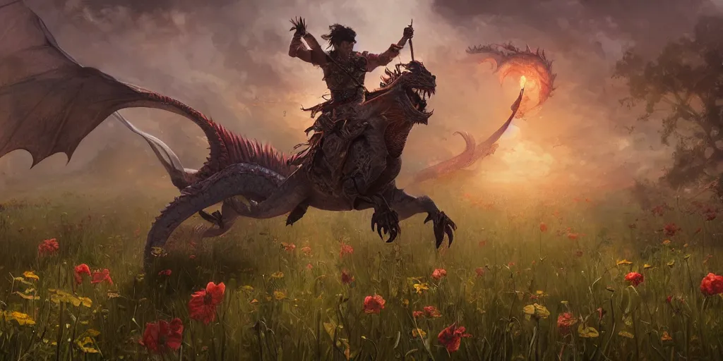 Image similar to male fighter ridding a dragon in a field of flowers, superwide angle, D&D, fantasy, intricate, cinematic lighting, highly detailed, digital painting, artstation, concept art, smooth, sharp focus, illustration, art by Greg Rutkowski