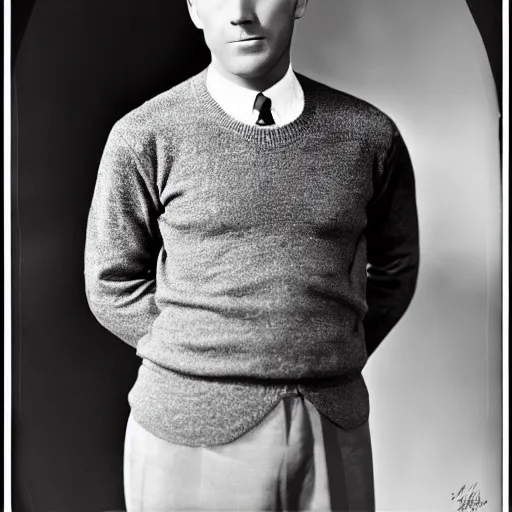 Image similar to a black and white photo of a man in a sweater, a colorized photo by george bogart, tumblr, art deco, handsome, 1 9 2 0 s, studio portrait