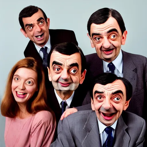 Image similar to A portrait mr bean teams up with a group photo of mr beans and a female Mr Bean, everyone has a Mr Bean face, perfect faces, 50 mm, award winning photography