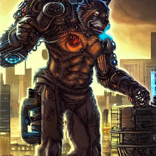 Prompt: werewolf cyborg in cyberpunk city