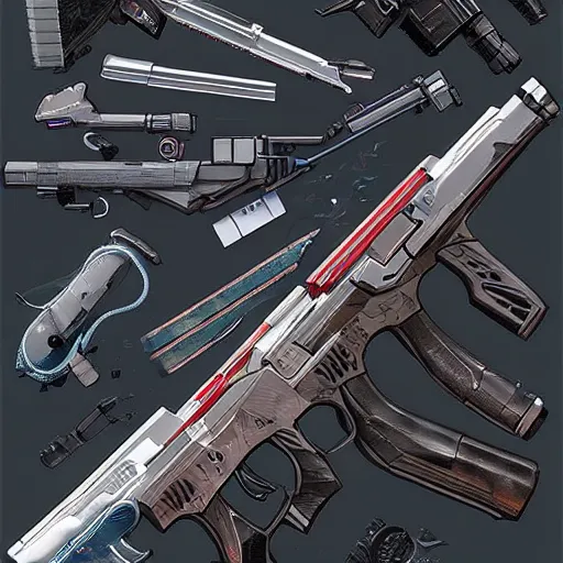 Prompt: An armory of sci-fi weapons and gadgets, hyper realistic, cyberpunk, high quality, award winning, digital art