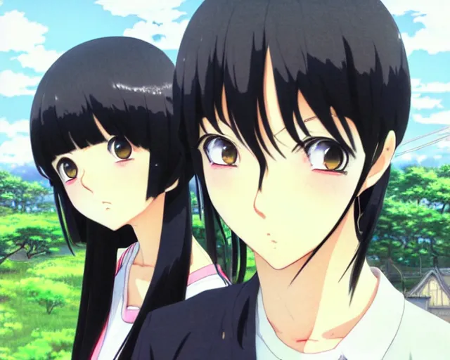 Prompt: beautiful anime girl with long black hair and bangs, beautiful anime guy with short black hair, wearing black clothes, siblings, fine details portrait, japense village in background, bokeh. anime masterpiece by Studio Ghibli. illustration, sharp high-quality anime illustration in style of Ghibli, Ilya Kuvshinov, Artgerm