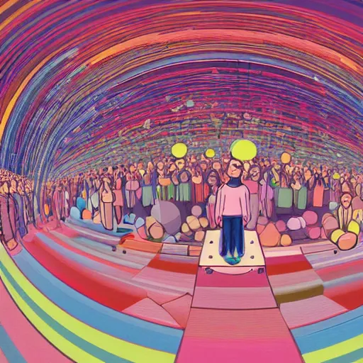 Image similar to A fine art painting of a group of people in a room full of spheres, the people are wearing pale pink clothing and each wearing a Vr headset. Each person is connected to another person by a rainbow that emits from each Vr headset. In the style of Wes Anderson and Biblical paintings