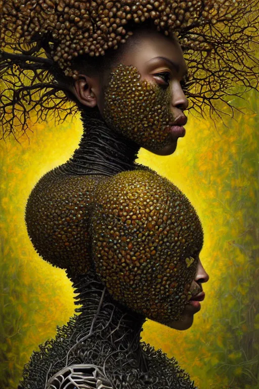 Prompt: hyperrealistic neo-classical super expressive! black woman with detailed exoskeleton armor, merging with tree in a forest, digital painting masterpiece brad kunkle hannah yata dramatic pearlescent yellow light low angle hd 8k sharp focus