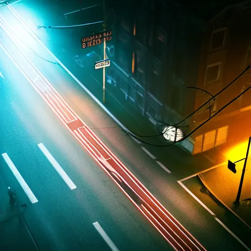 Prompt: A stunningly beautiful award-winning 8K high angle cinematic movie photograph of a foggy intersection in an abandoned 1950s small town at night, by Edward Hopper and David Fincher, cinematic lighting, perfect composition, moody low key volumetric light. Looking down, perspective, shot from above, 3 point perspective, from rooftop