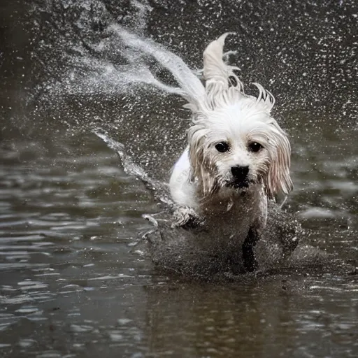 Prompt: Photorealistic photograph of a dog splashing in a puddle, photorealism, photorealistic, realism, real, highly detailed, ultra detailed, detailed, depth of field, shutter speed 1/1000, 200mm Focal Length, Canon EOS R7