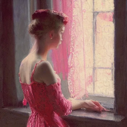 Prompt: A woman looking through a rainy window, back view, pink lace lingerie, modest, ivy 1950s, americana, award-winning, warm colors, by Ilya Repin, deviantart