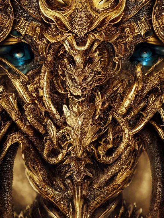 Image similar to portrait art of 8k ultra realistic dragon king,intricate gold crown, detailed intricate ornate armour,decaying, cybernetic, full of colour, cinematic lighting, battered, trending on artstation, 4k, hyperrealistic, focused, extreme details,unreal engine 5, cinematic, masterpiece, art by ayami kojima, giger