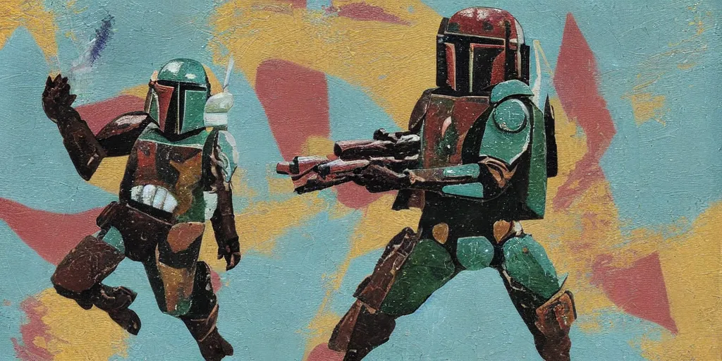 Image similar to textured art deco painting of boba fett, flying from bottom left to top right, muted greens and browns, geometric, gold and deep purple background with lightning bolt