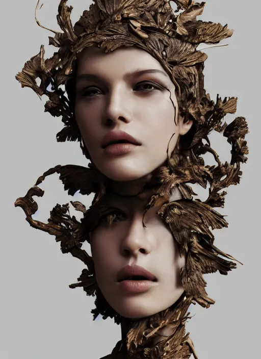 Image similar to sculpture made of wood, portrait, female, future, shaman, harper's bazaar, vogue, magazine, intricate, concept art, close up, ornate, luxury, elite, elegant, trending on artstation, by ruan jia, by Kenneth Willardt, by ross tran, by WLOP, by Andrei Riabovitchev,