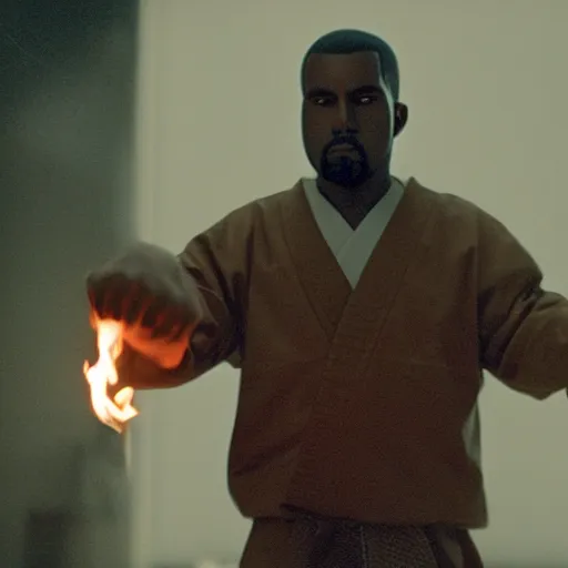 Image similar to cinematic film still of Kanye West starring as a Japanese Sensei with fire, Japanese CGI, VFX, 2003, 40mm lens, shallow depth of field, film photography