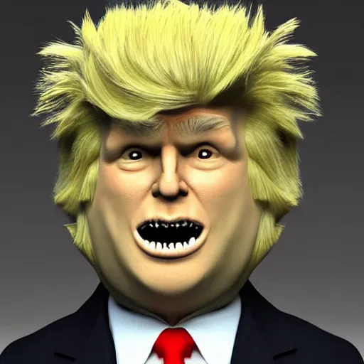 Image similar to fluffy haired donald trump, monster smilling, 3 d.