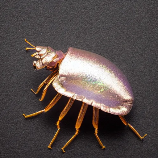 Prompt: 9 0 mm studio photograph tiny, abstract iridescent metallic giant isopod. from a distance. white background. long shot. centered in frame