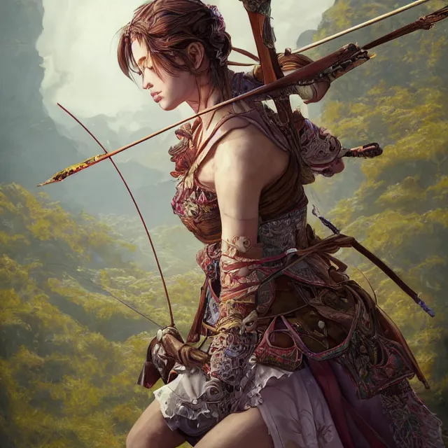 Image similar to the portrait of lawful neutral semi - colorful female archer huntress as absurdly beautiful, gorgeous, elegant, young girl, an ultrafine hyperdetailed illustration by kim jung gi, irakli nadar, intricate linework, bright colors, octopath traveler, final fantasy, unreal engine 5 highly rendered, global illumination, radiant light, detailed and intricate environment