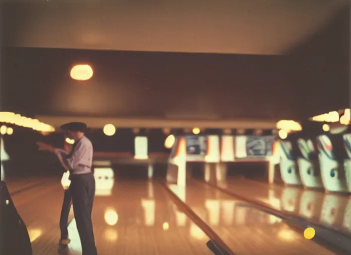 Prompt: a 35mm photograph of a man and a woman at a bowling alley in the 1950's at sunset, bokeh, Canon 50mm, cinematic lighting, photography, retro, film, Kodachrome