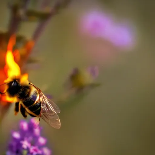 Image similar to a bee trying to reach a flower in a forest on fire, there is fire everywhere, macro photography, ambient light