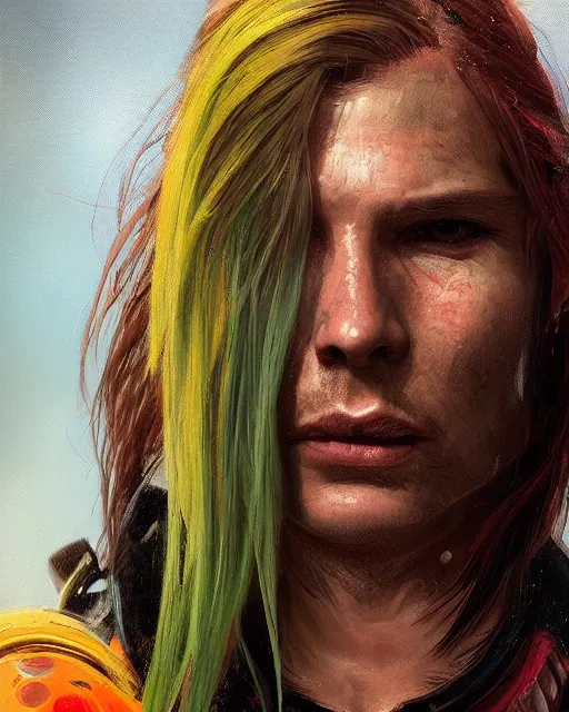 Prompt: '' Face portrait of a scarred fighter with a neon lime leather coat, long hair with a ponytail , sci-fy, cyberpunk, high detail, 4k , digital painting, artstation, concept art, sharp focus, illustration, art by greg rutkowski and alphonse mucha ''