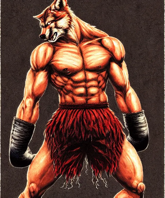 Image similar to extreme long shot. 8 bit nes graphics. antropomorphic muscular masculine wolf. kickboxer fighter, in shorts. wolf head. fine details, very sharp, art from nes game cartridge, marc simonetti and hermann nitsch
