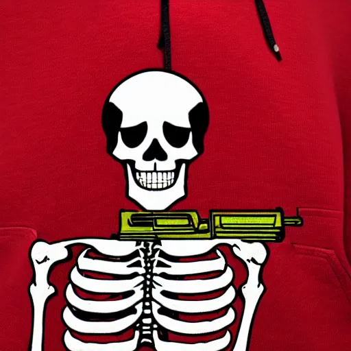 Image similar to a skeleton in a red hoodie with a rifle