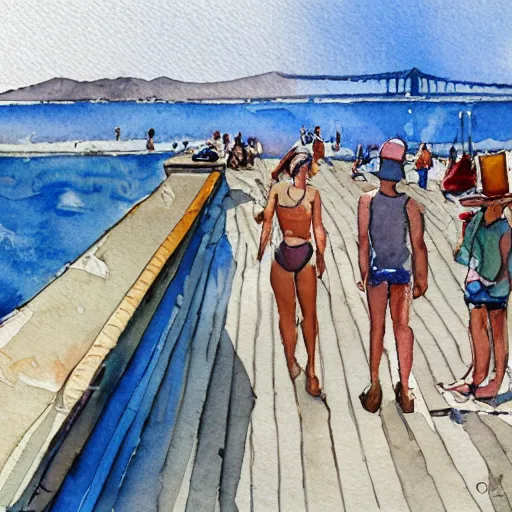 Prompt: Sunbathers on the pier. San Francisco. Watercolor