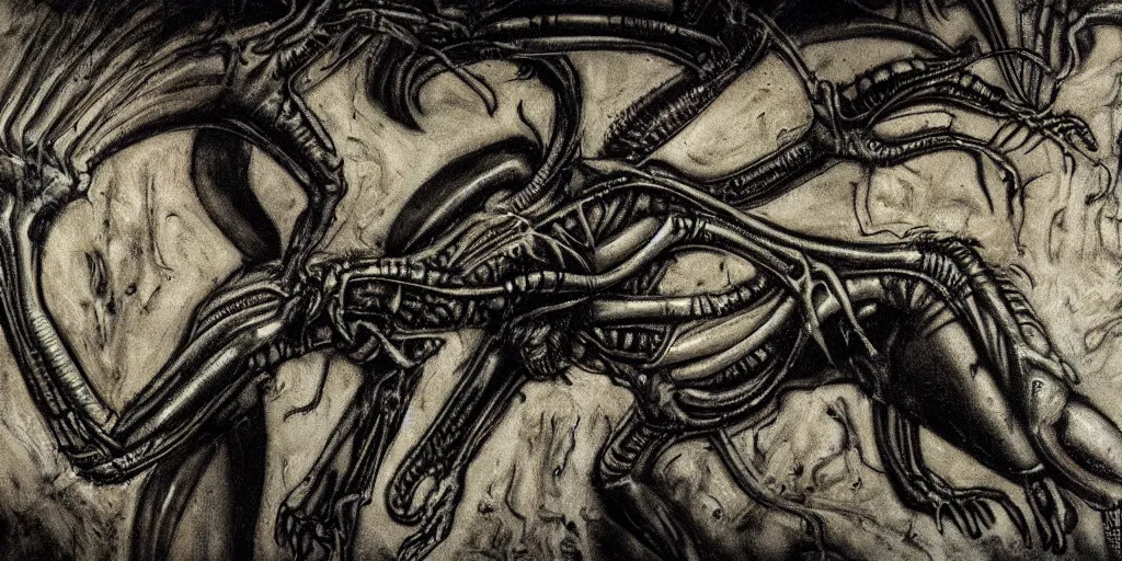 Prompt: alien xenomorph in the style of HR Giger, cave painting, movie scene